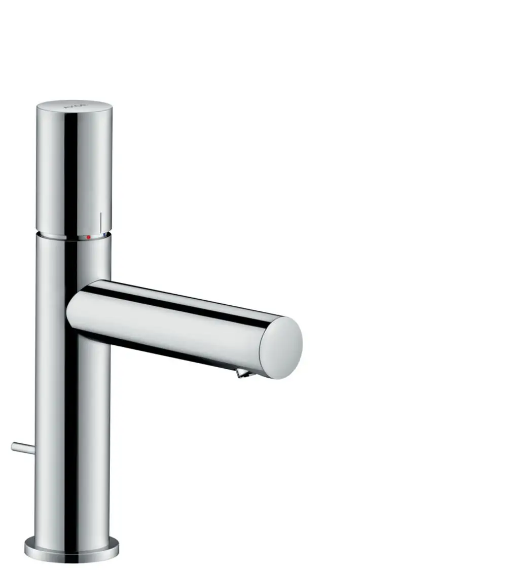 Einhebel-Waschtischmischer in Edelstahl-Optik von AXOR mit hohem Auslauf und Zugstangen-Ablaufgarnitur. Schlichte Formgebung, ideal für moderne Badezimmer.
